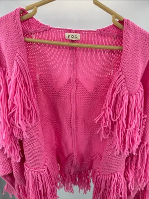 POL Pink Fringe open front oversized cardigan Sweater S boho casual fall winter thumbnail 6