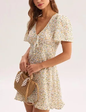 Rihoas Yellow Floral V-Neck Mini Dress thumbnail 3