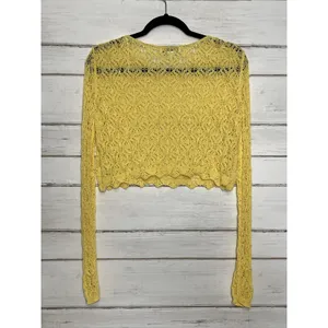 HYFVE Women's Small Yellow Long Sleeve Crochet Knit Pullover Sweater Sheer thumbnail 3
