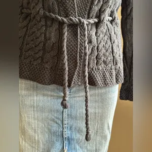 Willi Smith Gray Knit Cable Cardigan No Buttons with Belt 100% Cotton SZ S thumbnail 3