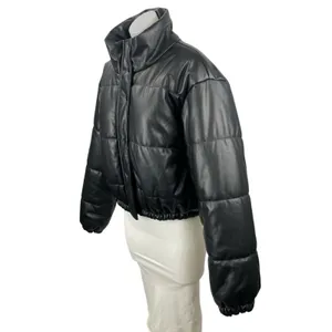Le Lis Black Faux Vegan Leather Quilted Long Sleeve Crop Puffer Coat Jacket Sz L thumbnail 2