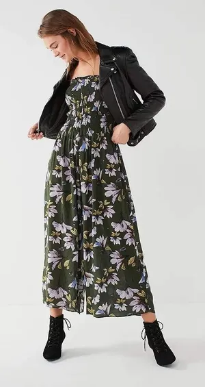 Urban Outfitters Jumpsuit Womens XS Green Floral Smocked Strapless Wide Leg Boho thumbnail 1