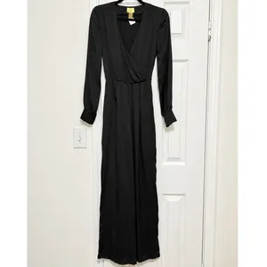 H&M Black Satin Wrap Front Wide Leg Jumpsuit Long Sleeve Size 2 thumbnail 2