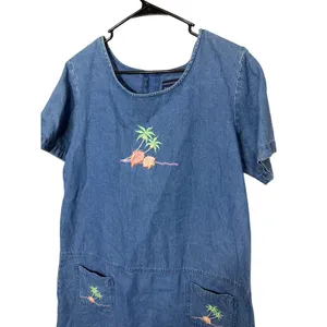 Blue‎ J Vintage Denim Shift Dress Large Tropical Palm Tree Shell Embroidery L thumbnail 2