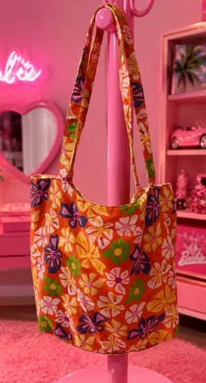 Handmade Barbie Floral Orange Canvas Tote - Colorful Summer Print thumbnail 1