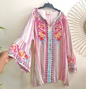 Savanna Jane Boho Hippie Indie embroidered bell flare sleeve tunic top blouse shirt floral multicolored colorful pink V-neck Size 1X-measurement in pics thumbnail 1