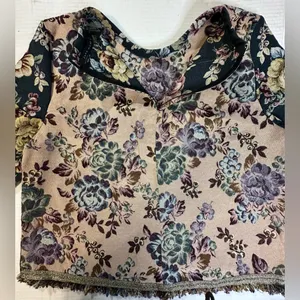 Zara Jacquard Top Women's Size‎ M Floral Tapestry Frayed Fringed Short Sleeve thumbnail 7