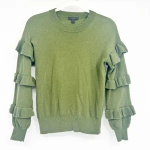 J. Crew Womens‎ Moss Green Wool Blend Tiered Ruffle Sleeve Preppy Sweater XXS thumbnail 1