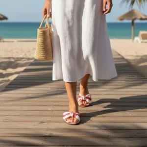 J.Crew Red/Ivory Stripe Print Cotton Upper Knot Slide Sandals, US7.5 thumbnail 3