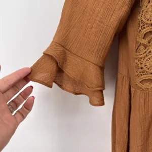 MOON RIVER Crochet Lace Bodice‎ Mini Dress Large Brown Crinkle Ruffle Boho Shift thumbnail 5