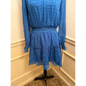 NSR Nordstrom Royal Blue Plaid Ruffle Mini Dress Smocked Waist Long Sleeve Boho thumbnail 4