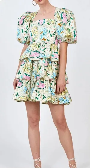 Hunter Bell Porter Dress Size 6 Floral Tile Puff Sleeve Tiered Mini Dress thumbnail 1