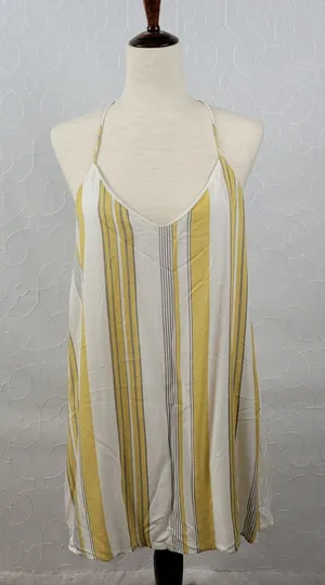 Cage Womens Slip Dress L Yellow Striped Babydoll Racerback Spaghetti Strap Mini thumbnail 1
