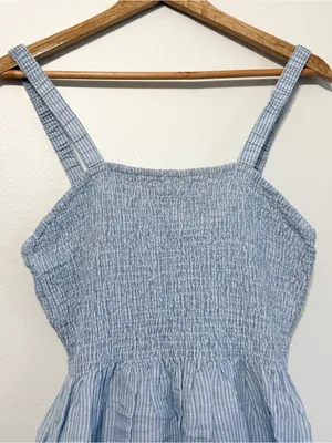 J crew smocked beach dress linen cotton stripes blue size medium thumbnail 3