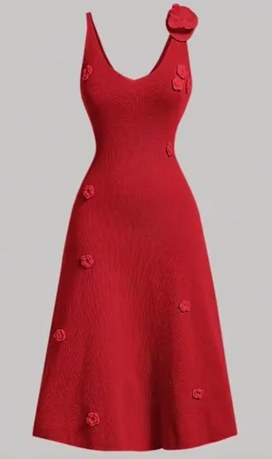 SheIn Large Red Floral Appliqué V-Neck Women’s Dress thumbnail 1