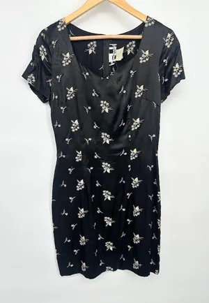 Vintage 90s Black Satin Sheath Mini Dress Floral Goth Indie Grunge‎ Whimsygoth 7 thumbnail 1