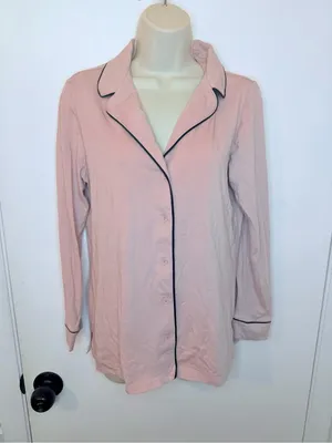 Soma Pink Knit Pajama Top Small Long Sleeve Button Up Black Piping thumbnail 2