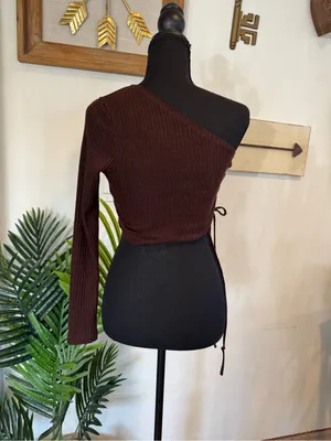 SHEIN Brown Ribbed One-Shoulder Crop Top thumbnail 2