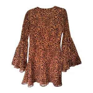 ACOA‎ Hilda Leopard Print Bell Sleeve Tie Front Mini Dress Brown Medium NEW thumbnail 2