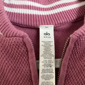 Alo Yoga Tennis Club Sweater Knit Full Zip Jacket Pink Wild Rose/White S thumbnail 4