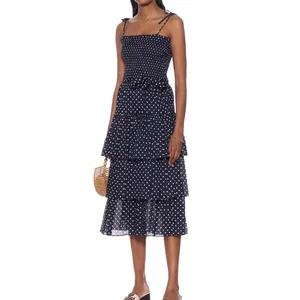Tory Burch Printed Ruffle Dress Polka Dot Smocked Midi Navy White NWT Size M thumbnail 2
