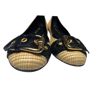 Antonio Melani Woven Straw Patent Buckle Flats Black Tan‎ Women 8M Preppy thumbnail 4