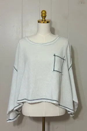 POL Cropped Oversized Sweater Top White Contrast Stitch Raw Hem Size L thumbnail 1