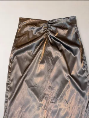 Commense Size L Chocolate Brown Satin Ruched Midi Skirt Slit thumbnail 5