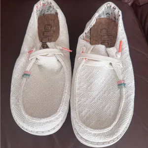 Hey Dude Women's White Knit Casual Shoes with Coral and Teal Accents thumbnail 1