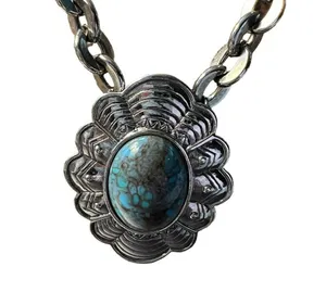 Vintage Silver Tone Necklace Concho Faux Turquoise Pendant Southwestern 18" thumbnail 2