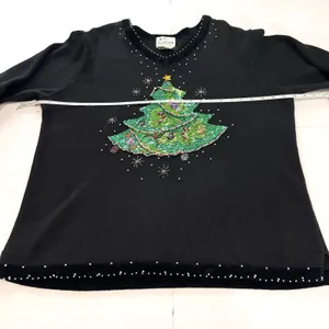 Quacker Factory Black Christmas‎ Tree Holiday V Neck Pullover Sweater Size 1X thumbnail 7