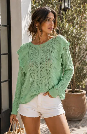 Miss Sparkling NWOT Oversized Apple Green Pointelle Ruffle Knit Sweater XL thumbnail 1