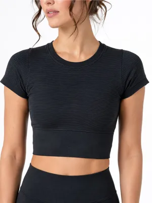 Aerie OFFLINE S True Black Seamless Ribbed Cropped Tee Gym Athleisure Top Lounge thumbnail 3