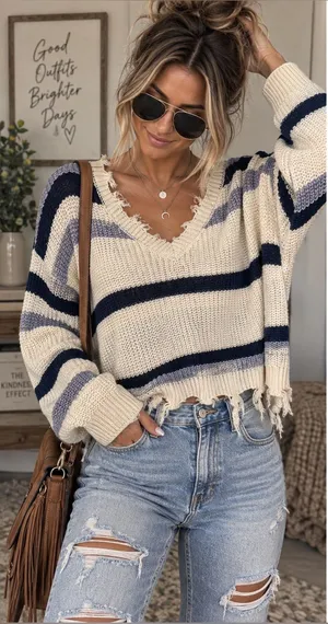 Rue21 Large Distressed Striped Oversized Cropped Knit Sweater thumbnail 1