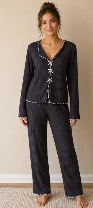 Black Ribbed Knit Pajama Set Size L thumbnail 1
