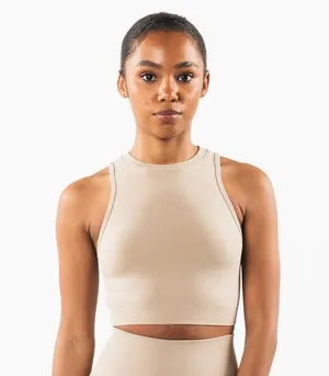 [Alphalete] Tan Linen Seamless Stratus Crop Tank Top Crew Neck Workout Size XL thumbnail 1