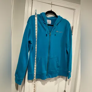 Champion Size M Turquoise Full Zip Cotton Blend Hoodie Sweatshirt Pockets thumbnail 8