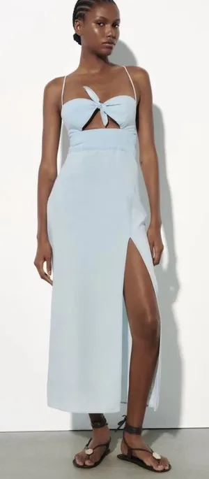 Zara Light Blue Midi Dress with Tie-Front and High Slit thumbnail 1