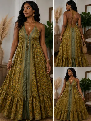 Indian Silk Halter Maxi Dress Yellow thumbnail 3