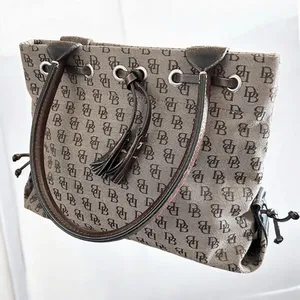 Dooney & Bourke Signature Monogram Tote Bag Brown Canvas Leather Trim Drawstring thumbnail 2