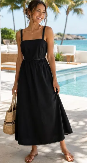 ZARA‎ Luiza Black Midi Dress Tie Back Contrast Stitching Pockets Poplin X-Large thumbnail 1