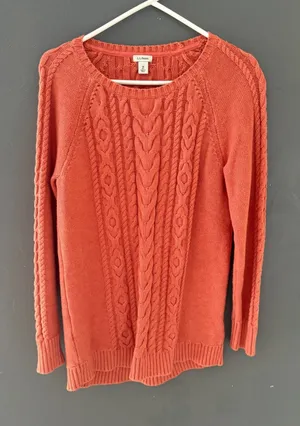 LL Bean Womens Medium Coral Orange Cable Knit 100% Cotton Sweater Fisherman thumbnail 1