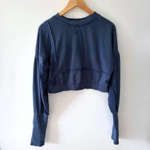 FREE PEOPLE Blue Terry Cotton Blend Crewneck Thumbhole Crop Sweatshirt Womens XS thumbnail 2