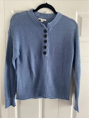 American‎ Eagle Henley Sweater Womens Blue Chunky Waffle Knit Cotton Size XS thumbnail 1