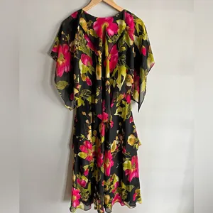 Vicky Tiel Black Floral Chiffon Midi Dress Flutter Sleeve Wedding Guest M thumbnail 7