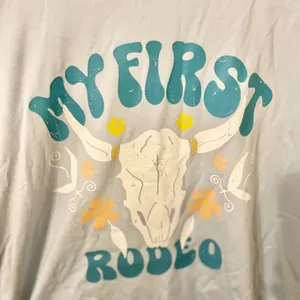 Maternity T Shirt My First Rodeo Bull Skull‎ Graphic Blue Short Sleeve Top M thumbnail 2