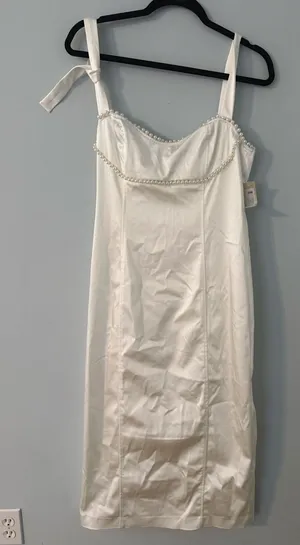 BHLDN NWT Ivory Satin Pearl Embellished Bridal Midi Dress Size S thumbnail 1