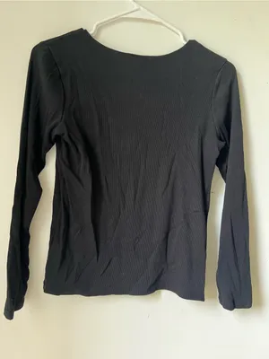 H&M Women’s Large Black Ribbed Henley Top Long Sleeve Button Front Cotton thumbnail 4