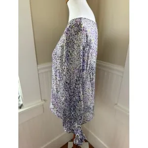 White House Black Market Burnout Floral Ruffle Cuff Blouse Size MP‎ thumbnail 3