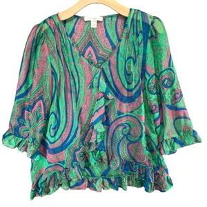 Anthropologie Trinity Blouse M Green‎ Silk Paisley Sheer Ruffle Forest Fairy Top thumbnail 1